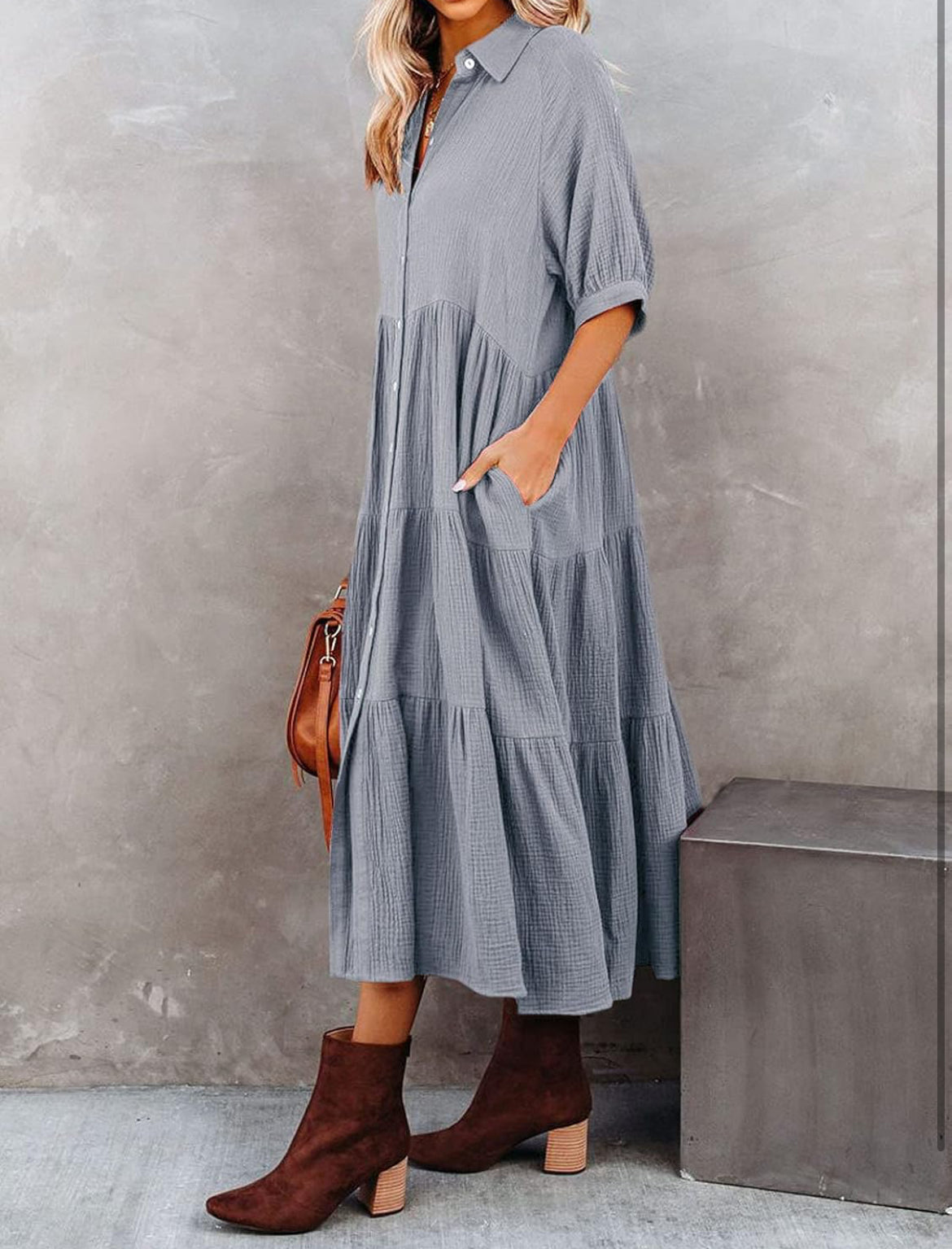 Half Sleeve Button Down Dress XL