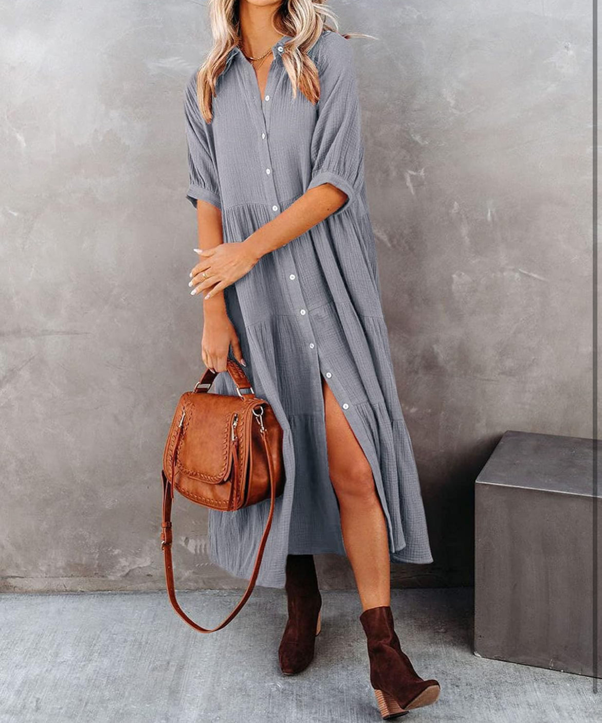 Half Sleeve Button Down Dress XL