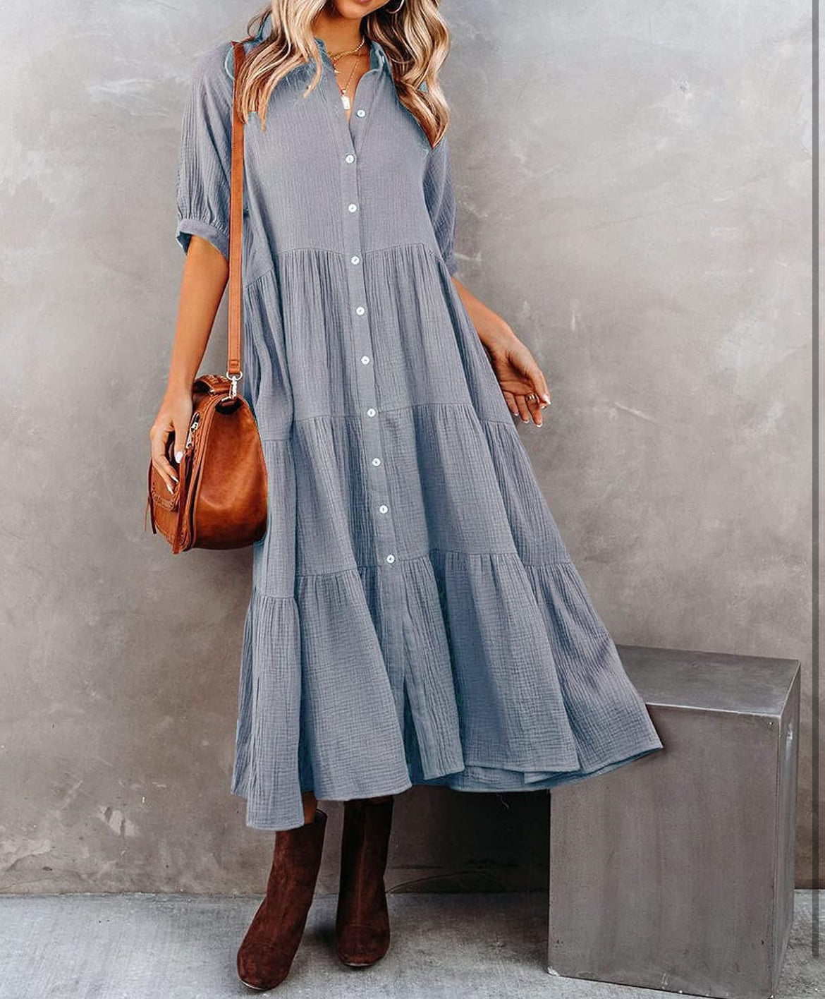 Half Sleeve Button Down Dress XL